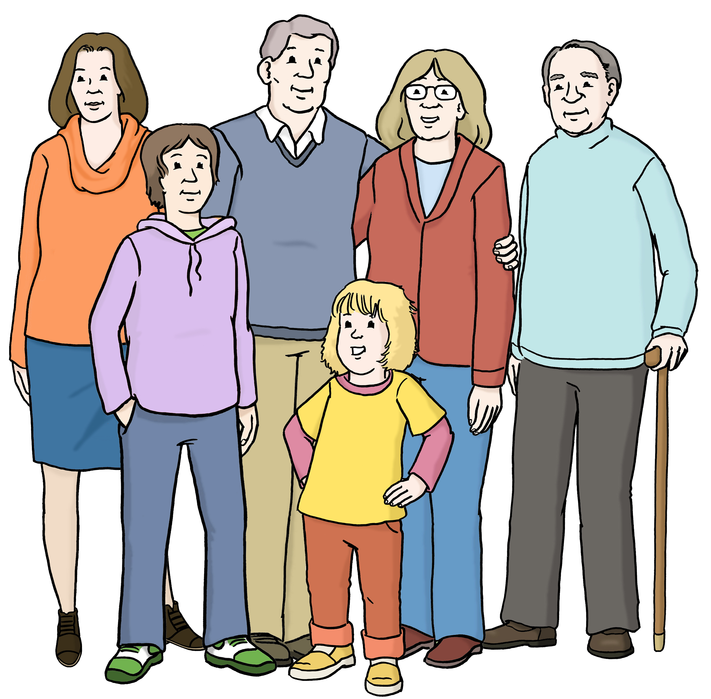 Menschen Eine Zeichnung von Menschen mit verschiedenem Alter. Es gibt Kinder, Erwachsene und alte Menschen.